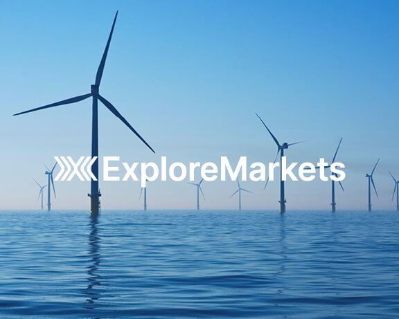 Explore Markets white logo on a photo of offshore wind farm