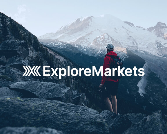 Explore Markets white logo on o photo with mountings
