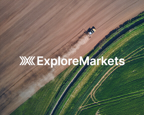 Explore Market white logo with drone photo of agriculture landscape